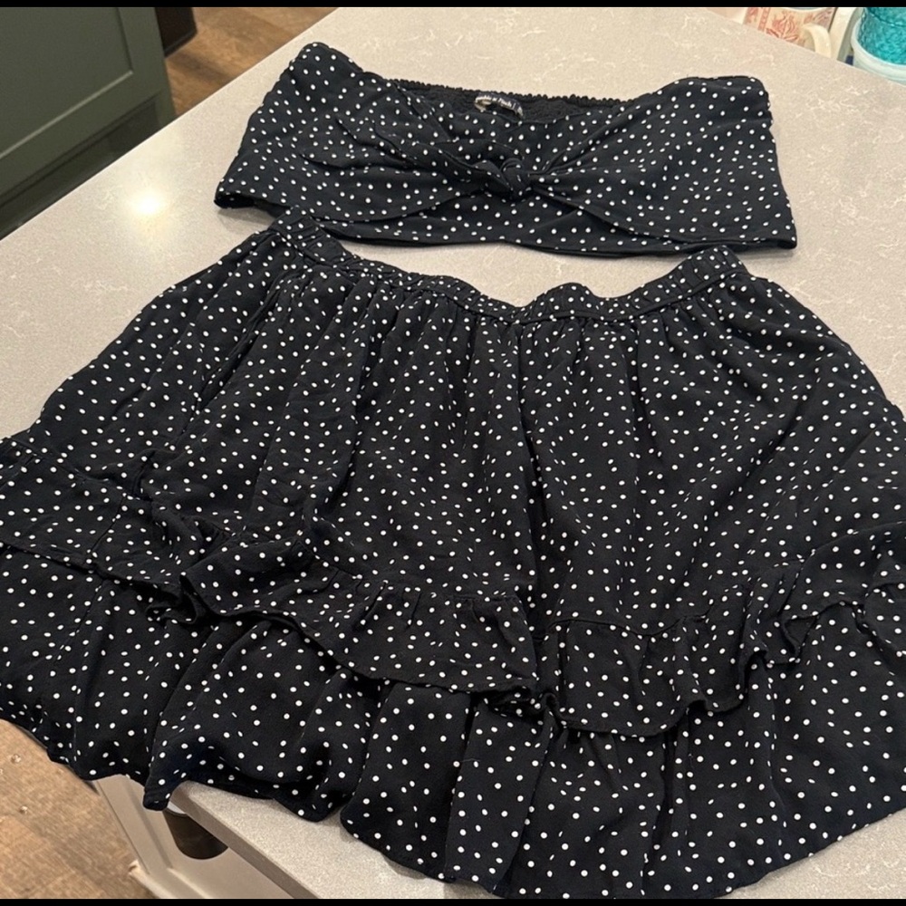 Abercrombie & Fitch Black Polka Dot Ruffle Mini Skirt and top set